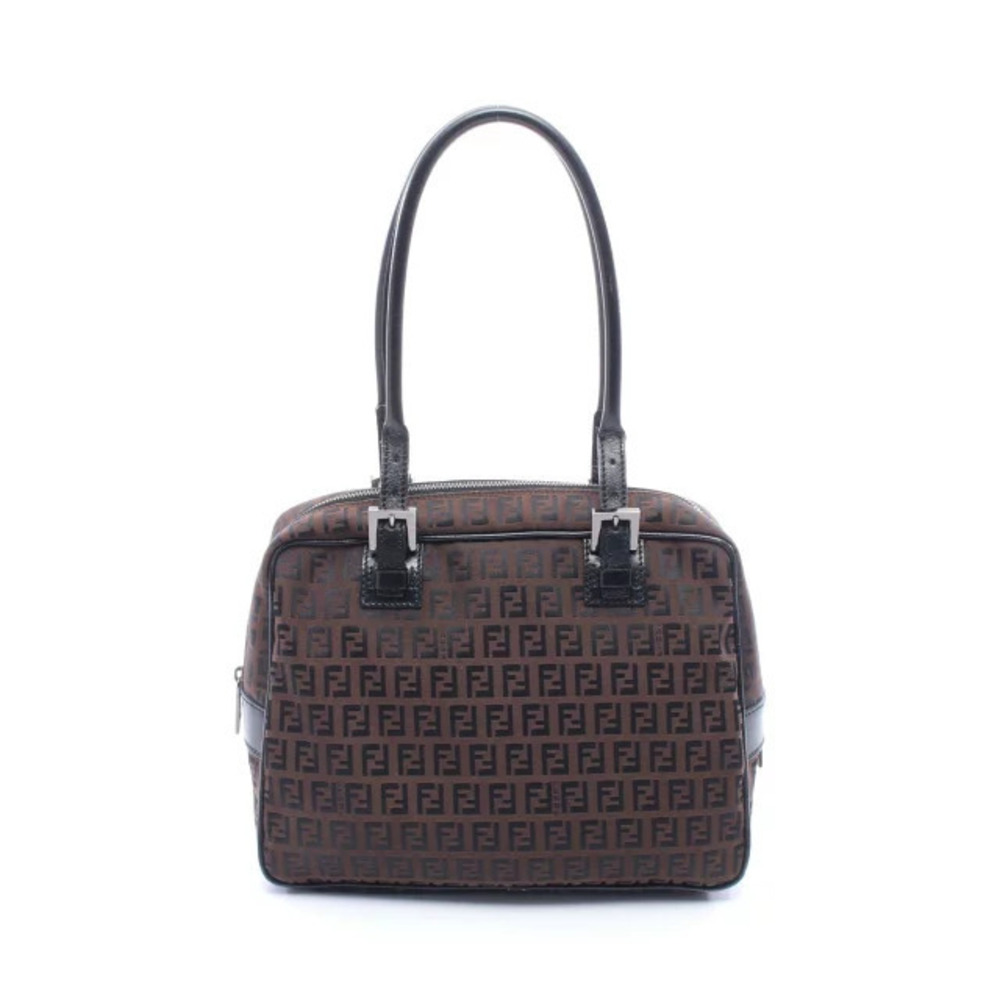 Fendi Zucchino Shoulder Bag Canvas Leather Brown Black